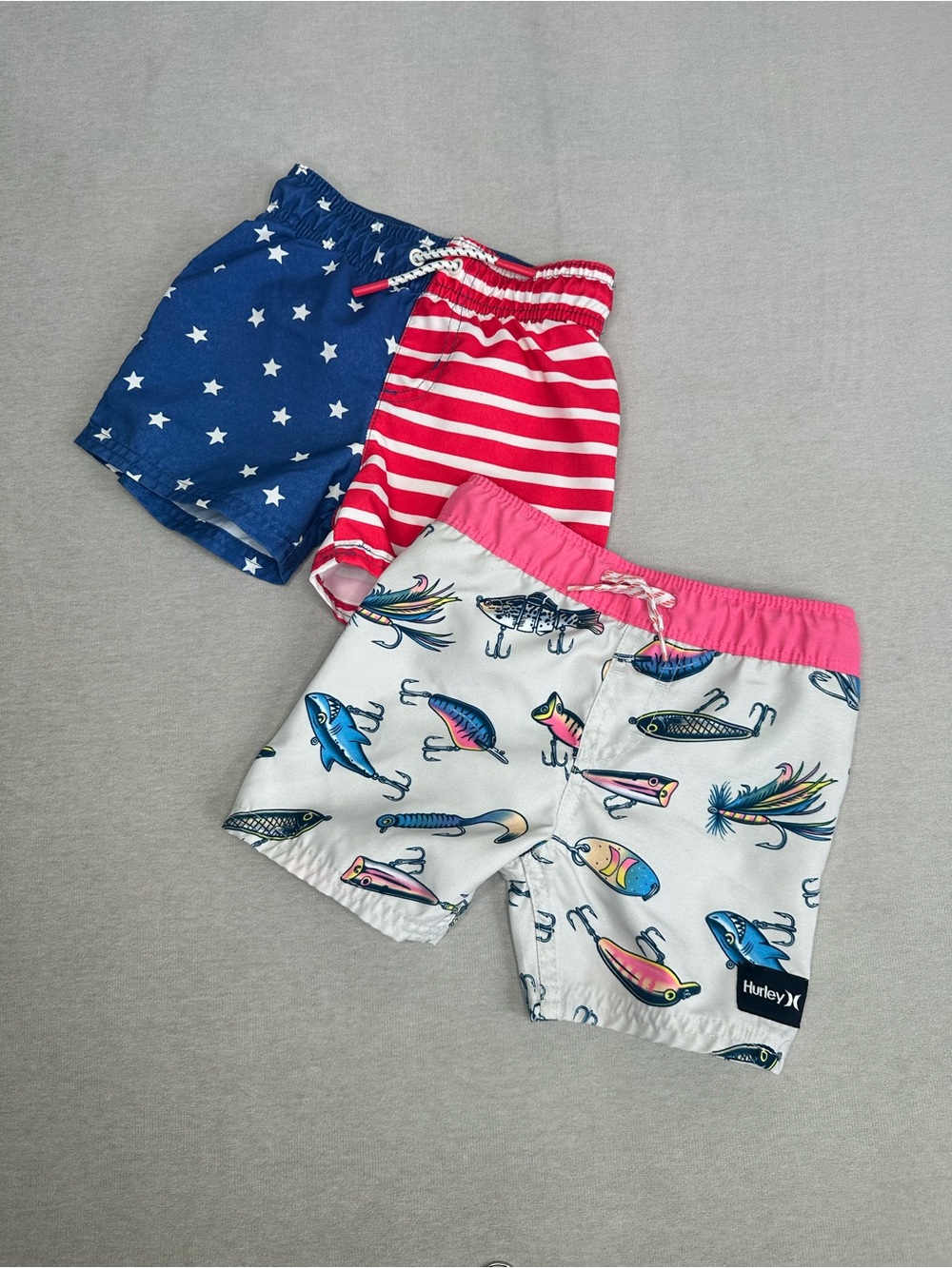 Hurley Kids White Fishing Lure Swim Shorts and Cat & Jack American Flag Trunks